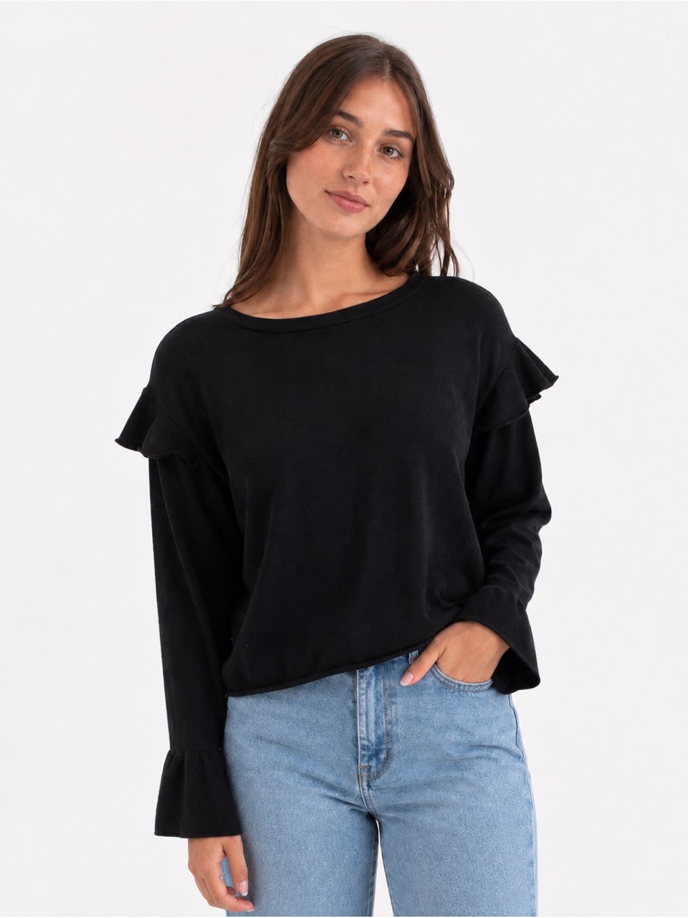 Zara Knit Ruffle Bell Sleeve Sweater in‎ Black, Size S